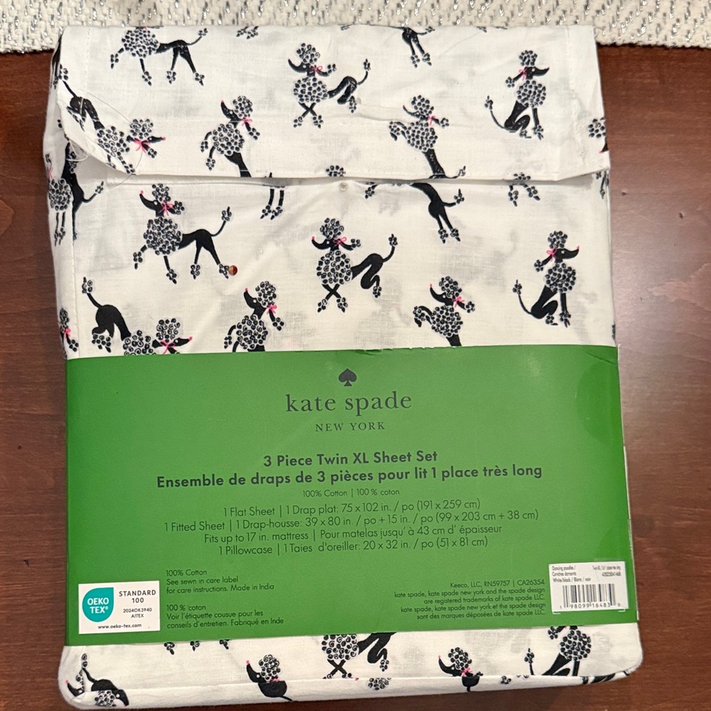 NWT! ♠️ Kate Spade Black/White Poodle Print Sheet Set Twin XL. College Dorm size - Picture 2 of 6